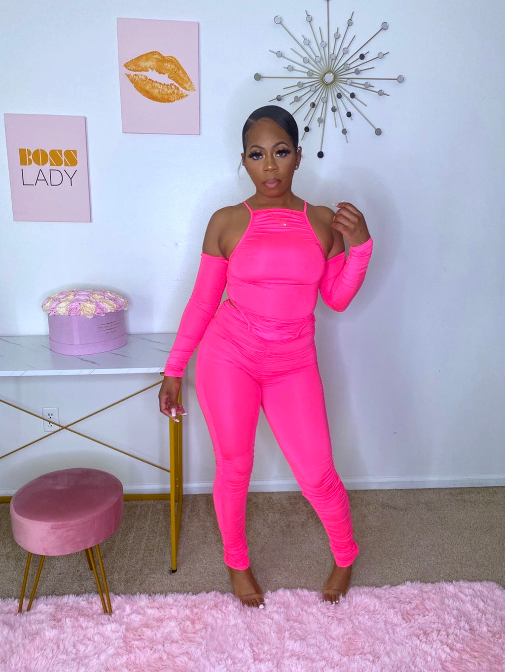 Off shoulder pink jumpsuit